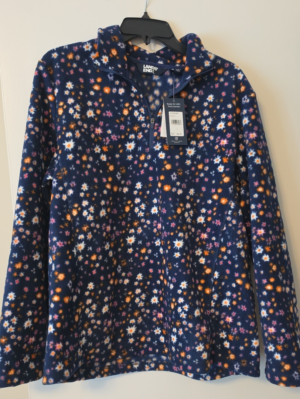 Lands' End Navy Floral Half-Zip Teddy Fleece Jacket